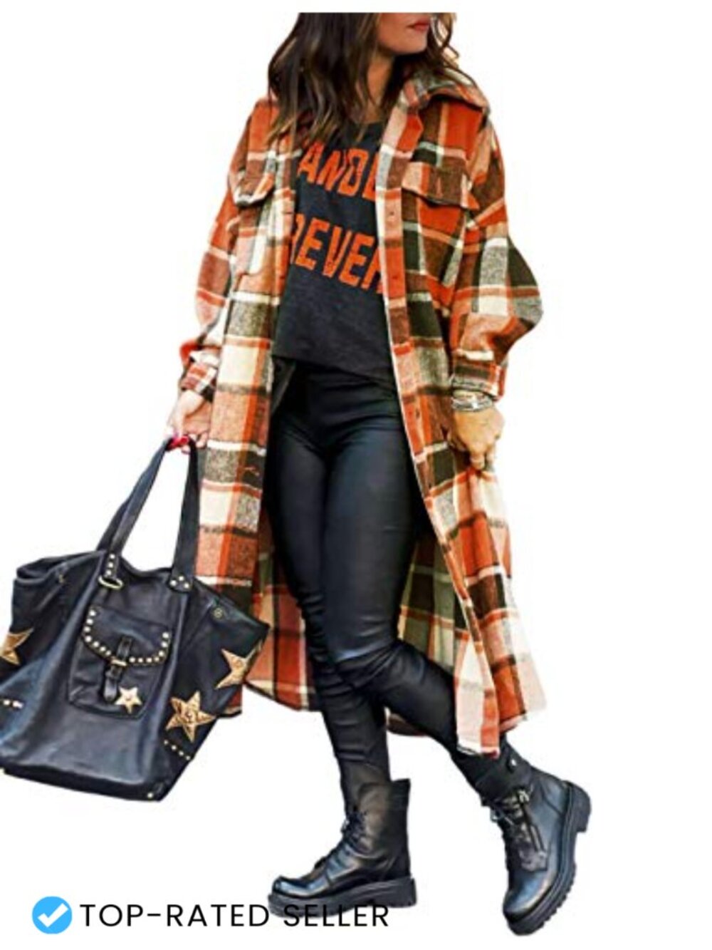 UANEO Plaid Flannel Coat Women Button Down Long Trench Jacket